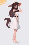  1girl absurdres animal_ears bare_arms bare_shoulders brooch brown_hair dress ehrrr full_body grey_background hand_up hat high_heels highres imaizumi_kagerou jewelry red_eyes shoes simple_background solo standing sun_hat sundress tail touhou white_dress white_footwear wolf_ears wolf_tail 