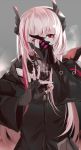  1girl arms_up asymmetrical_gloves bangs character_name clouds cloudy_sky dark_sky dow eyebrows_visible_through_hair fingerless_gloves girls_frontline gloves hair_between_eyes half-closed_eye head_tilt headgear highres holding holding_earphone jacket long_hair long_sleeves looking_at_viewer m4_sopmod_ii_(girls_frontline) multicolored_hair one_eye_closed pink_hair red_eyes redhead scarf sidelocks sky solo streaked_hair wide_sleeves 