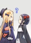  2girls :o ? abigail_williams_(fate/grand_order) black_dress black_hair blonde_hair blue_eyes bow commentary_request crossover dress eye_contact fate/grand_order fate_(series) flat_chest flower forehead hair_bow hair_flower hair_ornament hands_in_sleeves hat long_hair looking_at_another low_ponytail multiple_girls piripun princess_principal simple_background stuffed_animal stuffed_toy toudou_chise trait_connection 