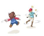  2boys blonde_hair brown_hair cappy_(mario) full_body gameplay_mechanics gloves green_eyes hat link long_hair mario super_mario_bros. multiple_boys overalls short_hair simple_background super_mario_odyssey sword the_legend_of_zelda the_legend_of_zelda:_breath_of_the_wild weapon white_background 