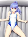 1girl alternate_costume alternate_hairstyle blue_hair competition_swimsuit cowboy_shot gomi_(gomitin) hinanawi_tenshi inflatable_raft long_hair lying on_back one-piece_swimsuit ponytail red_eyes solo swimsuit touhou white_swimsuit 