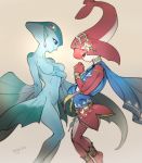  2girls blue_skin breasts fins fish_girl hair_ornament jewelry long_hair mipha mojaranmo monster_girl multicolored multicolored_skin multiple_girls no_eyebrows pointy_ears princess_ruto red_skin redhead simple_background smile the_legend_of_zelda the_legend_of_zelda:_breath_of_the_wild the_legend_of_zelda:_ocarina_of_time violet_eyes zora 