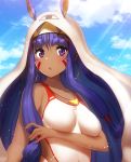  .o animal_ears bangs bare_arms bare_shoulders blue_sky blunt_bangs blush breasts collarbone competition_swimsuit day earrings facepaint fate/grand_order fate_(series) hairband hoop_earrings jewelry light_particles light_rays long_hair medium_breasts medjed_(fate) mikomiko_(mikomikosu) necklace nitocris_(fate/grand_order) nitocris_(swimsuit_assassin)_(fate) one-piece_swimsuit open_mouth outdoors purple_hair rabbit_ears sky sunbeam sunlight swimsuit two-tone_hairband under_covers upper_body very_long_hair violet_eyes white_swimsuit 