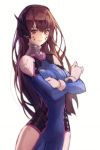  1girl blush bodysuit breasts brown_eyes brown_hair closed_mouth crossed_arms d.va_(overwatch) eyebrows_visible_through_hair gloves headset highres looking_at_viewer medium_breasts overwatch peulopi sketch smile solo white_gloves 