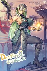  armpit_peek between_breasts breasts destiny_(game) fire green_hair gun handgun highres huge_breasts long_hair melon22 orange_eyes revolver robe rope very_long_hair warlock_(destiny) weapon 