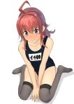  1girl ahoge arashi_(kantai_collection) blush collarbone commentary_request cosplay grey_legwear highres i-400_(kantai_collection) i-400_(kantai_collection)_(cosplay) kantai_collection masukuza_j medium_hair name_tag redhead school_swimsuit simple_background sitting solo swimsuit thigh-highs violet_eyes wariza white_background 