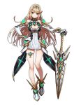  1girl absurdres armor blonde_hair breasts cleavage closed_mouth dress eyelashes full_body gloves hairband highres mythra_(xenoblade) long_hair looking_at_viewer medium_breasts official_art saitou_masatsugu simple_background smile solo sword tsurime weapon xenoblade xenoblade_2 yellow_eyes 