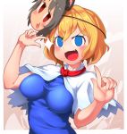  1girl alice_margatroid blonde_hair blue_eyes blush breasts character_mask cookie_(touhou) eyebrows_visible_through_hair fangs highres index_finger_raised kofji_(cookie) large_breasts looking_at_viewer mask mask_on_head nazrin open_mouth short_hair sinzen smile touhou wavy_hair web_(cookie) 