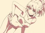 1girl arched_back armpits bandeau bangs bare_arms bare_shoulders belt blush breasts cleavage collarbone cutoffs dutch_angle fate/apocrypha fate_(series) green_eyes grin hand_on_hip head_tilt jewelry leaning_forward long_hair looking_at_viewer monochrome mordred_(fate) mordred_(fate)_(all) navel necklace parted_bangs pendant ponytail shiny shiny_skin short_shorts shorts simple_background small_breasts smile solo spot_color standing stomach teeth thighs tsukumo v-shaped_eyebrows yellow yellow_background 