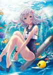  1girl air_bubble blue_eyes blush bubble fish flower hair_flower hair_ornament hanekoto kantai_collection ocean open_mouth ro-500_(kantai_collection) slippers solo swimsuit swimsuit_under_clothes tan tanline torpedo underwater weapon white_hair 