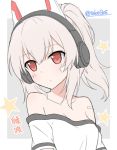  1girl animal_ears ayanami_(azur_lane) azur_lane bandaid_on_cheek bare_shoulders blush breasts cleavage collarbone commentary_request fake_animal_ears headphones long_hair off-shoulder_shirt ponytail red_eyes shirt silver_hair small_breasts solo t-shirt takeg05 translated twitter_username upper_body 