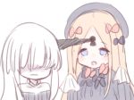  2girls :o abigail_williams_(fate/grand_order) bangs black_bow black_dress black_hat blonde_hair blue_eyes blush bow dress eyebrows_visible_through_hair fate/grand_order fate_(series) hair_bow hair_over_eyes hands_in_sleeves hands_up hat horn keyhole lavinia_whateley_(fate/grand_order) long_sleeves multiple_girls orange_bow parted_bangs parted_lips simple_background white_background white_hair 