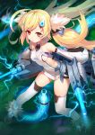  1girl ahoge ankle_boots azur_lane bangs bare_shoulders black_footwear blush boots breasts cannon character_name closed_mouth clothes_writing collarbone covered_navel detached_sleeves dual_wielding eldridge_(azur_lane) electricity eyebrows_visible_through_hair facial_mark full_body fur-trimmed_boots fur_collar fur_trim glowing hair_ornament hairclip highres holding holding_weapon leaning_forward legs_apart light_particles long_hair long_sleeves looking_at_viewer machinery puffy_long_sleeves puffy_sleeves shiny shiny_hair shiny_skin side_cutout small_breasts solo soratobuiltusa standing swept_bangs tareme tentacle thigh-highs thighs twintails very_long_hair weapon white_legwear 