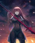  1girl absurdres bodysuit breasts covered_navel fate/grand_order fate_(series) full_body gae_bolg highres large_breasts long_hair looking_at_viewer minin982 polearm purple_hair red_eyes scathach_(fate/grand_order) solo standing very_long_hair weapon 