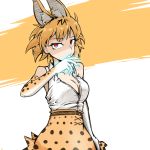  1girl animal_ears arm_at_side blonde_hair breasts claws dulldull elbow_gloves eyebrows_visible_through_hair gloves glowing glowing_hand high-waist_skirt highres kemono_friends large_breasts looking_at_viewer partially_unbuttoned red_eyes serval_(kemono_friends) serval_ears serval_print shirt skirt sleeveless sleeveless_shirt solo white_shirt 