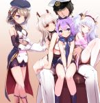  1boy 4girls :o admiral_(azur_lane) animal_ears arm_warmers ayanami_(azur_lane) azur_lane bangs bare_shoulders beret between_legs bike_shorts black_hat black_ribbon black_shorts blue_dress blue_eyes blue_skirt blush bow breasts brown_hair camisole closed_eyes closed_mouth collarbone commentary_request crop_top dress eyebrows_visible_through_hair fingernails girl_sandwich gloves hair_between_eyes hair_bow hair_ornament hair_ribbon hairband hand_between_legs hand_grab harigane_shinshi hat head_tilt highres iron_cross jacket javelin_(azur_lane) laffey_(azur_lane) light_brown_hair long_hair long_sleeves looking_at_another looking_at_viewer looking_back medium_breasts military military_jacket military_uniform multiple_girls off_shoulder pants parted_lips peaked_cap pink_jacket pleated_skirt ponytail purple_hair rabbit_ears red_eyes red_hairband red_skirt ribbon sandwiched school_uniform serafuku shirt short_hair shorts sideboob silver_hair sitting sitting_on_lap sitting_on_person skirt sleeping sleeveless sleeveless_dress sleeveless_shirt small_breasts smile standing thigh-highs twintails uniform v_arms violet_eyes white_camisole white_gloves white_hat white_jacket white_legwear white_pants white_shirt z23_(azur_lane) 