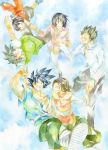  3boys 3girls :d ake_(ake54) black_eyes black_hair blue_background blue_eyes brothers chi-chi_(dragon_ball) chinese_clothes closed_eyes couple dougi dragon_ball dragonball_z falling family father_and_daughter father_and_son glasses grandfather_and_granddaughter grandmother_and_granddaughter green_shirt hand_holding happy hetero highres looking_at_another looking_up mother_and_daughter mother_and_son multiple_boys multiple_girls open_mouth pan_(dragon_ball) pink_shirt shirt short_hair siblings simple_background smile son_gohan son_gokuu son_goten spiky_hair traditional_media uncle_and_niece videl watercolor_(medium) white_background white_shirt 