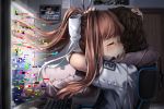  1boy 1girl blue_skirt bow breasts brown_hair chair closed_eyes coffee coffee_mug commentary computer computer_keyboard crying doki_doki_literature_club door faceless faceless_male glitch grey_jacket hair_bow hair_ornament hand_on_another&#039;s_head highres hug indoors jacket long_hair medal medium_breasts monika_(doki_doki_literature_club) monitor office_chair open_mouth picture_(object) picture_frame ponytail sasoura school_uniform sidelocks skirt sobbing spoilers tagme tears teeth upper_teeth white_bow 