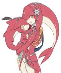  1boy 1girl brother_and_sister carrying fins fish_girl fishman hair_ornament jewelry long_hair looking_at_viewer mipha monster_boy monster_girl multicolored multicolored_skin no_eyebrows red_skin redhead sharp_teeth siblings sidon smile teeth the_legend_of_zelda the_legend_of_zelda:_breath_of_the_wild utsugi_(skydream) yellow_eyes younger zora 