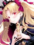  1girl artist_name bangs blonde_hair blush bow closed_mouth ereshkigal_(fate/grand_order) eyebrows_visible_through_hair fate/grand_order fate_(series) fur_trim hair_bow hands_up kousaki_rui long_hair looking_at_viewer own_hands_together purple_bow red_eyes signature skull smile solo sweatdrop tiara tohsaka_rin two_side_up 
