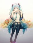  1girl bare_shoulders black_legwear blue_eyes blue_hair blue_neckwear blue_skirt collared_shirt detached_sleeves eyebrows_visible_through_hair flower full_body grey_shirt hatsune_miku head_tilt highres legs_together light_blush long_hair looking_at_viewer necktie parted_lips pleated_skirt shirt sitting skirt sleeveless sleeveless_shirt smile solo thigh-highs twintails very_long_hair vocaloid wing_collar yatsuha_(hachiyoh) 