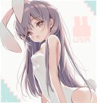  1girl :o animal_ears arched_back bangs bare_arms bare_shoulders breasts brown_eyes brown_hair bunny_girl bunny_tail bunnysuit commentary eyebrows_visible_through_hair fang hair_between_eyes head_tilt kurokuma_(kuro_kumagaya) leotard long_hair looking_at_viewer medium_breasts open_mouth original rabbit_ears solo strapless strapless_leotard tail very_long_hair white_leotard 