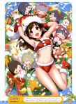  1girl absurdres bikini brown_hair christmas dengeki_moeou hat highres kurogoma long_hair navel red_eyes santa_hat smile solo star swimsuit water 