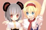  2girls alice_margatroid animal_ears blonde_hair blue_eyes blush cookie_(touhou) eyebrows_visible_through_hair grey_hair hairband ichigo_(cookie) looking_at_another looking_at_viewer miyako_(naotsugu) mouse_ears multiple_girls nazrin nyon_(cookie) open_mouth parted_lips puffy_short_sleeves puffy_sleeves red_eyes short_hair short_sleeves smile touhou upper_body 