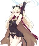 &gt;:( 1boy armpits arms_up bangs black_leotard blonde_hair blush breasts cape closed_mouth cowboy_shot ereshkigal_(fate/grand_order) fate/grand_order fate_(series) groin hair_ribbon impossible_clothes leotard long_hair long_sleeves looking_at_viewer medium_breasts mobu parted_bangs purple_cape purple_ribbon red_eyes ribbon simple_background single_detached_sleeve skull solo standing strapless strapless_leotard thighs tiara tohsaka_rin two_side_up v-shaped_eyebrows visible_air white_background 