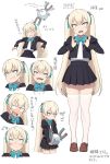  1girl :d accho_(macchonburike) blush bow bowtie full-face_blush full_body grey_eyes grin hair_ribbon highres juliet_sleeves loafers long_hair long_sleeves magnemite multiple_views nose_blush open_mouth platinum_blonde pleated_skirt pokemon pokemon_(game) puffy_sleeves ribbon school_uniform sharp_teeth shoes simple_background skirt smile standing sweatdrop teardrop teeth thigh-highs translation_request twintails very_long_hair white_background white_legwear zettai_ryouiki 