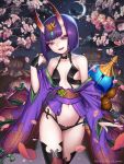  1girl :d alcohol breasts character_name crescent_moon fate/grand_order fate_(series) hair_ornament highres horns japanese_clothes kimono lantam looking_at_viewer moon navel night night_sky oni oni_horns open_mouth purple_hair revealing_clothes sake sakura short_hair shuten_douji_(fate/grand_order) sky small_breasts smile solo standing twitter_username violet_eyes 