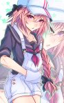  1boy astolfo_(fate) black_bow bow braid fang fate/apocrypha fate_(series) hat headgear highres long_braid long_hair looking_at_viewer male_focus multicolored_hair open_mouth overalls pink_hair shisei_(kyuushoku_banchou) single_braid streaked_hair suspenders trap violet_eyes 