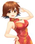  1girl :d breasts brown_eyes brown_hair china_dress chinese_clothes cleavage dress floral_print hand_on_hip hand_up highres honda_mio idolmaster idolmaster_cinderella_girls kon5283 open_mouth short_hair smile solo standing 