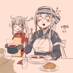  2girls ainu_clothes apron belt black_gloves blue_hair blush borscht_(food) brown_gloves brushing_teeth closed_eyes cup dish draniki dress food fork gangut_(kantai_collection) glass gloves grey_hair hair_between_eyes hair_ornament hairclip headband itomugi-kun kamoi_(kantai_collection) kantai_collection long_hair looking_at_another multicolored_hair multiple_girls no_hat no_headwear open_mouth ponytail pot red_shirt remodel_(kantai_collection) scar scar_on_cheek shirt silver_hair simple_background smile spoon table white_hair 