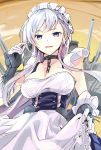  1girl azur_lane bangs belfast_(azur_lane) blue_eyes blush braid breasts chains cleavage collar collarbone commentary_request eyebrows_visible_through_hair french_braid gloves highres large_breasts long_hair looking_at_viewer maid maid_headdress silver_hair smile solo tomozero turret 