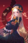  1girl abigail_williams_(fate/grand_order) bangs black_bow black_dress black_hat blonde_hair blue_eyes bow butterfly closed_mouth commentary_request dress ekh eyebrows_visible_through_hair fate/grand_order fate_(series) forehead hair_bow hands_in_sleeves hat highres long_hair long_sleeves looking_at_viewer noose object_hug orange_bow parted_bangs polka_dot polka_dot_bow red_background smile solo stuffed_animal stuffed_toy teddy_bear very_long_hair 