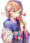  1girl animal_print bangs blush brown_eyes brown_hair covering_mouth dsmile floral_print flower frog_print hair_flower hair_ornament holding japanese_clothes kimono long_sleeves looking_at_viewer misaka_mikoto paddle purple_kimono shawl short_hair simple_background solo to_aru_kagaku_no_railgun to_aru_majutsu_no_index upper_body v-shaped_eyebrows white_background wide_sleeves yukata 