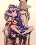  2girls arm_around_neck blonde_hair chair frog_eyes grin hat looking_at_viewer meimaru_inuchiyo mirror moriya_suwako multiple_girls purple_hair pyonta red_eyes short_hair sitting sitting_on_lap sitting_on_person skirt sleeves_past_wrists smile touhou wide_sleeves yasaka_kanako yellow_eyes 