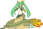  1girl :d blush breasts cleavage fang green_hair hands_on_own_cheeks hands_on_own_face long_hair looking_at_viewer monster_hunter najarala_(monster_hunter) navel open_mouth orange_eyes pointy_ears slit_pupils smile snake_tail solo very_long_hair yoshida_hideyuki 