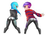  1boy 1girl ass blue_hair bowl_cut bulge inkling iskandar_(fetishbambi) jacket leggings looking_at_viewer looking_back pointy_ears purple_hair shirt single_vertical_stripe splatoon splatoon_2 striped striped_shirt sweater tentacle_hair 