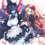  2girls alternate_costume aphrodite_(oreca_battle) apron black_hair black_wings blonde_hair blue_lips blue_skin breasts covering covering_ass crescent dress enmaided facing_viewer flower garter_straps gradient_hair hair_flower hair_ornament hair_over_eyes halo horns impossible_clothes large_breasts long_hair long_sleeves lucifer_the_fallen_angel maid menu microdress multicolored_hair multiple_girls multiple_wings open_mouth oreca_battle pink_hair plant psyche_oreca puffy_long_sleeves puffy_sleeves red_rose rose short_hair smile sparkle spiked_wings spikes thigh-highs thorns tray very_long_hair vines waitress white_apron white_legwear wings zettai_ryouiki 