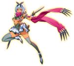  1girl armpits black_gloves black_ribbon blue_hair breasts covered_mouth dark_skin dual_wielding frills full_body gloves gluteal_fold grey_legwear hair_ribbon high_heels holding holding_sword holding_weapon irma looking_at_viewer medium_breasts official_art panties pink_eyes purple_scarf queen&#039;s_blade queen&#039;s_blade_unlimited ribbon scarf short_hair solo sword thigh-highs under_boob underwear v-shaped_eyebrows weapon white_panties 