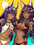  2girls animal_ears arabian arabian_clothes armlet bangs bare_shoulders belly_chain black_panties blue_eyes blunt_bangs breasts cleavage cleavage_cutout closed_mouth dark_skin earrings egyptian egyptian_clothes eyebrows_visible_through_hair eyeshadow facepaint facial_mark fate/grand_order fate_(series) forehead_jewel gem hair_tubes hairband hoop_earrings jackal_ears jewelry large_breasts long_hair looking_at_viewer makeup medium_breasts medjed mikanmochi multiple_girls navel nitocris_(fate/grand_order) one_eye_closed open_mouth panties purple_hair queen_of_sheba_(fate/grand_order) revealing_clothes sidelocks smile under_boob underwear very_long_hair violet_eyes white_panties yellow_background 