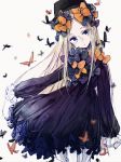  1girl :o abigail_williams_(fate/grand_order) bangs black_bow black_dress black_hat blonde_hair bloomers blue_eyes bow butterfly dress fate/grand_order fate_(series) hair_bow hands_in_sleeves hat head_tilt long_hair long_sleeves looking_at_viewer miharuko_(kopera) object_hug orange_bow parted_bangs parted_lips polka_dot polka_dot_bow solo stuffed_animal stuffed_toy teddy_bear underwear very_long_hair white_background white_bloomers 