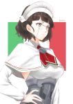  1girl breasts brown_eyes brown_hair capelet chocolate_hair detached_sleeves glasses hand_on_hip hat headdress highres italian_flag kantai_collection large_breasts morinaga_miki pince-nez roma_(kantai_collection) shirt short_hair sleeveless sleeveless_shirt solo 
