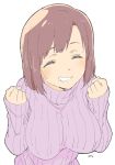  1girl absurdres blush breasts brown_hair closed_eyes donguri_suzume facing_viewer highres large_breasts long_sleeves original purple_sweater ribbed_sweater short_hair simple_background smile solo sweater upper_body white_background 
