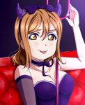  :p bangs bare_shoulders between_breasts blush breasts brown_hair choker cleavage closed_mouth commentary demon_horns elbow_gloves fake_horns gloves hair_between_eyes hair_ribbon hairband horns kunikida_hanamaru long_hair love_live! love_live!_sunshine!! polearm ribbon sleeveless sooki tongue tongue_out trident upper_body weapon yellow_eyes 