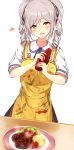  1girl absurdres apron bangs black_ribbon breasts daisu drill_hair eyebrows_visible_through_hair floral_print food hair_ribbon heart highres holding idolmaster idolmaster_cinderella_girls kanzaki_ranko ketchup_bottle long_hair meat medium_breasts neck_ribbon plate red_eyes red_ribbon ribbon salad shirt short_sleeves silver_hair simple_background solo swept_bangs table tomato twin_drills twintails upper_body white_background white_shirt yellow_apron 