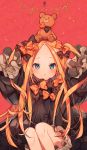 1girl :o abigail_williams_(fate/grand_order) alternate_hairstyle ana_(rznuscrf) arms_up bangs black_bow black_dress blonde_hair bloomers blue_eyes blush bow butterfly commentary_request dress fate/grand_order fate_(series) hair_bow hands_in_sleeves highres key keyhole long_hair long_sleeves looking_at_viewer no_hat no_headwear on_head orange_bow parted_bangs parted_lips polka_dot polka_dot_bow solo stuffed_animal stuffed_toy teddy_bear two_side_up underwear very_long_hair white_bloomers 