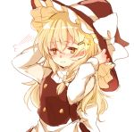  1girl blonde_hair blush bow closed_mouth embarrassed full-face_blush hair_ornament hairclip hands_on_headwear hat hat_bow kirisame_marisa long_sleeves nervous paragasu_(parags112) solo star star_hair_ornament touhou vest white_background white_bow witch_hat yellow_eyes 